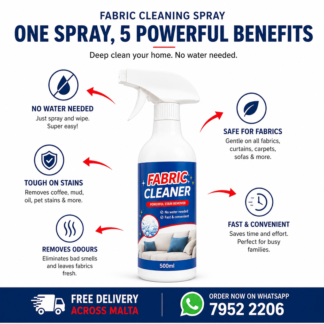 Fabric Cleaner Spray | Deep Stain & Odour Remover for Sofas, Carpets, Mattresses & More