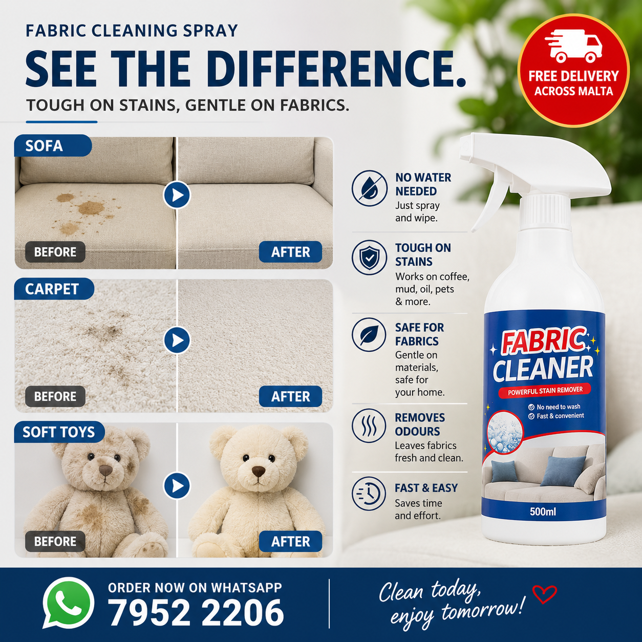 Fabric Cleaner Spray | Deep Stain & Odour Remover for Sofas, Carpets, Mattresses & More