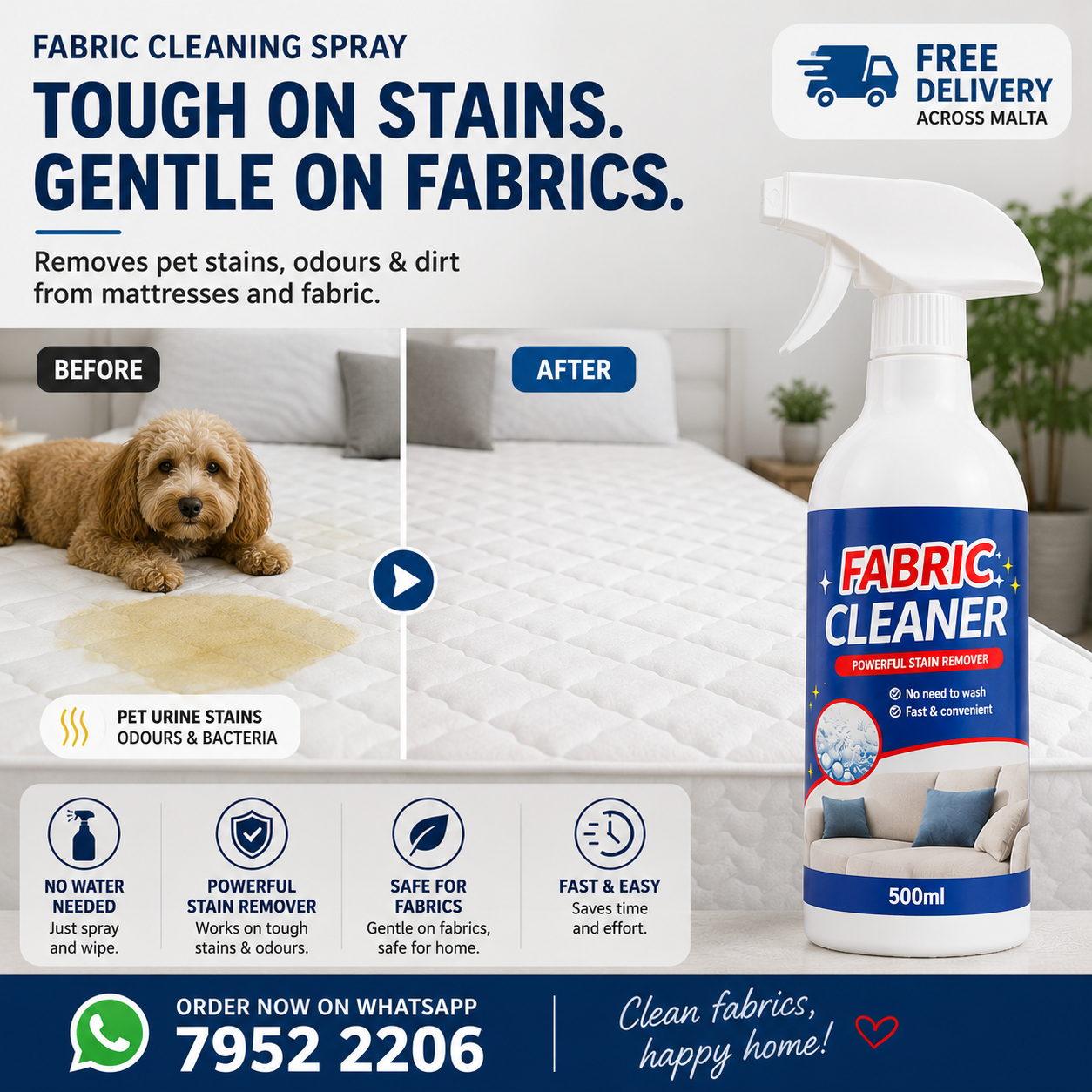 Fabric Cleaner Spray | Deep Stain & Odour Remover for Sofas, Carpets, Mattresses & More
