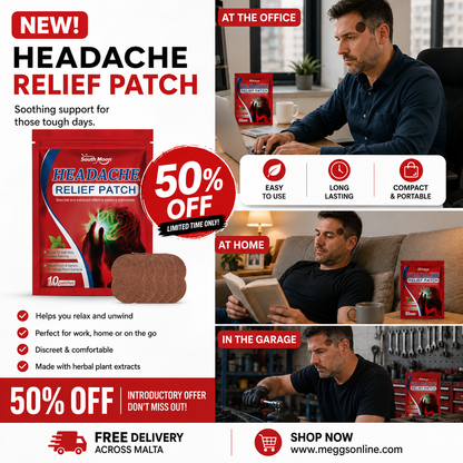 Advertisement for headache relief patches with a man using a computer, reading, and working in different settings.