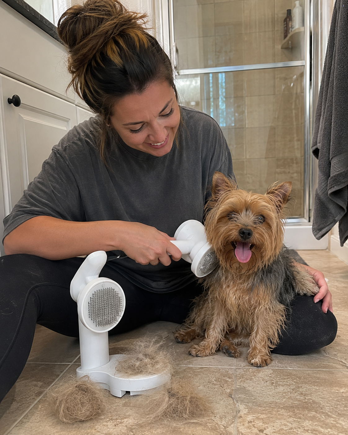 Woman using a pet grooming tool on a small dog in a bathroom setting